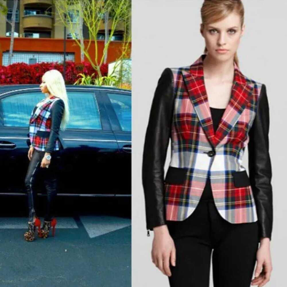Moschino Plaid  Italian IT40 Lined Wool Leather Sleeves Jacket Blazer USA Sz 6
